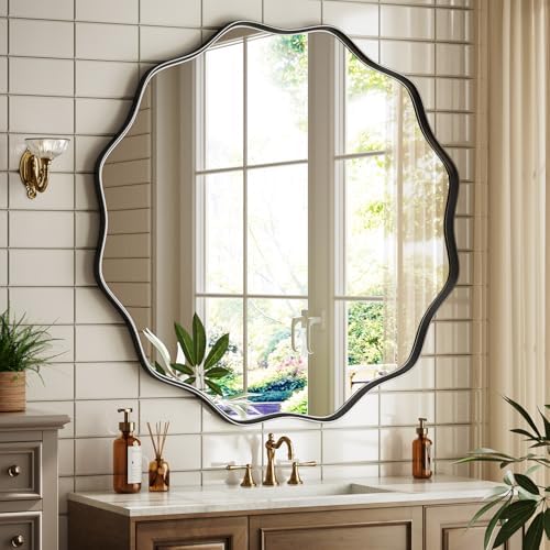Round Wavy Mirror 42 Inch Bathroom Matte Black by Unknown