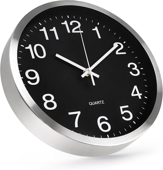 Wall Clock 12 Inch Metal Finish Silent Non Ticking Indoor Clock Round Battery by BAKBRAND