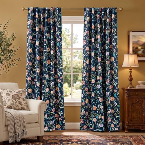 jinchan Dark Blue Floral Blackout Curtains 84 Inch Back Tab 2 Panels by JINCHAN
