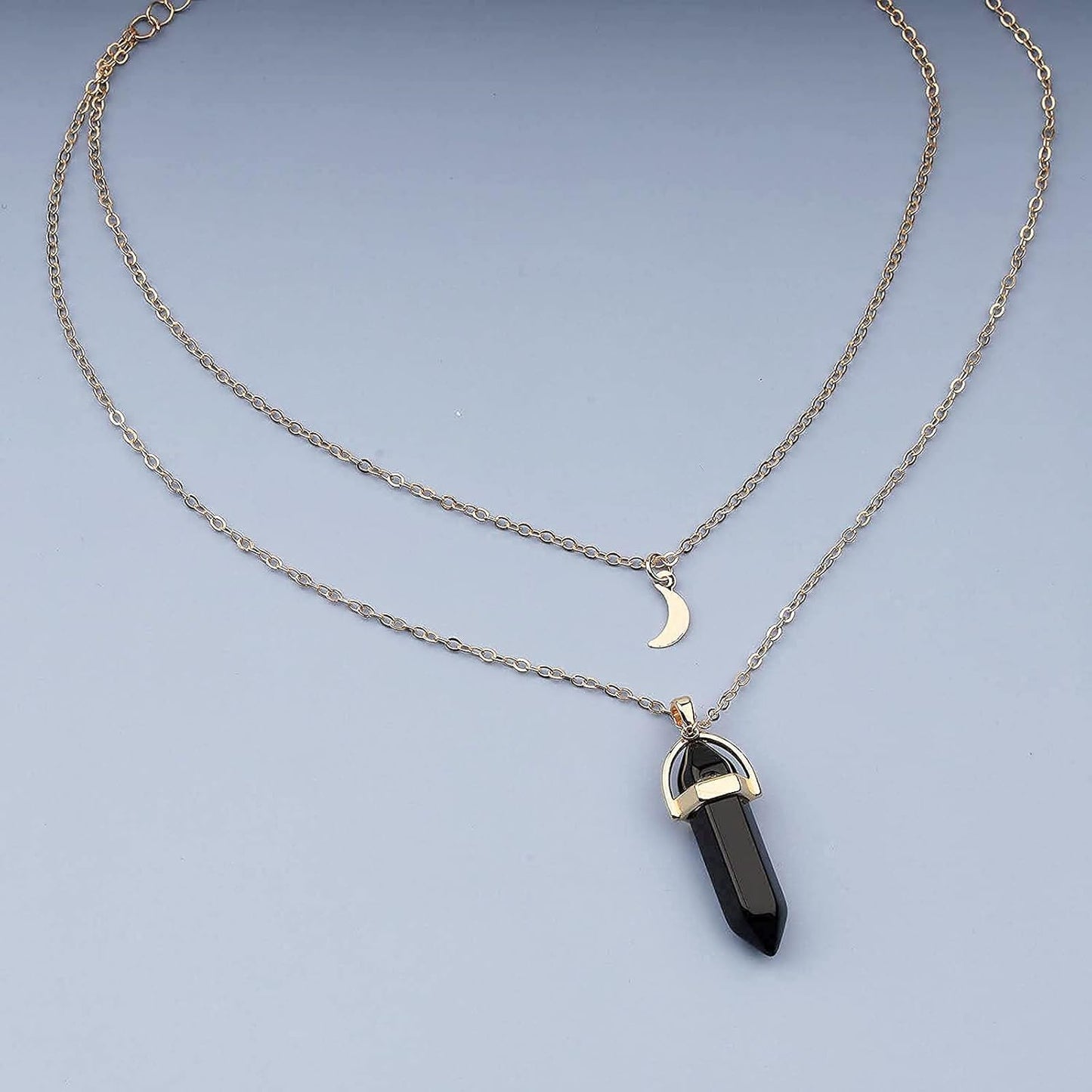 Boho Layered Moonstone Necklace Chain Gold Moon Pendant Necklace Black Hexagonal Stone Necklace Jewelry for Women