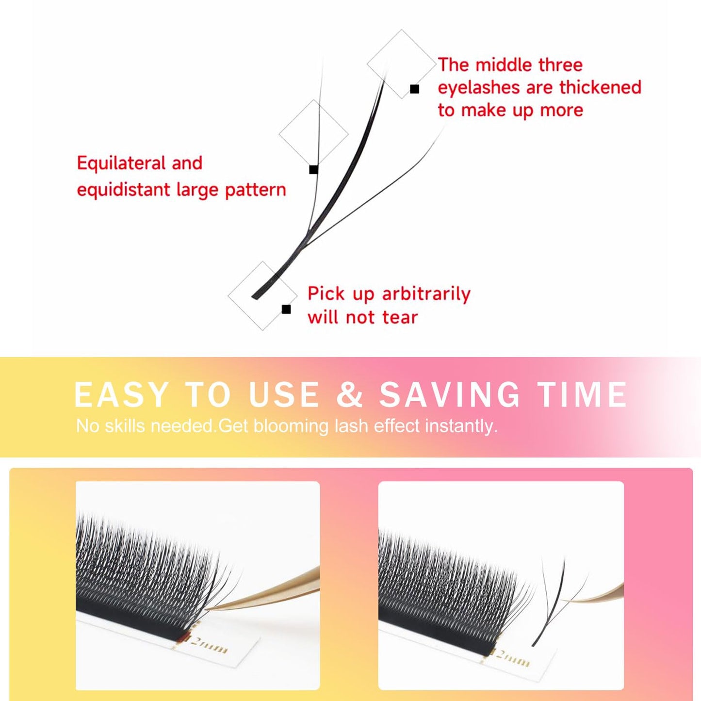 Lash Extensions Three Core Tips 3D Eyelash Extensions W Shape 0.07mm Thickness D Curl 11mm Premade Fans Easy Fan Volume Lashes Matte Black Crisscross(W-3D-Three Core-0.07-D,11mm)