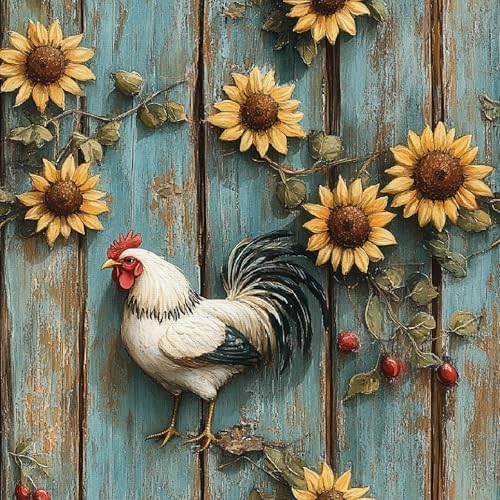 Sunflowers Rooster Peel and Stick Wallpaper 17.3"x78.7" Wood Vintage Non-Woven by Unknown