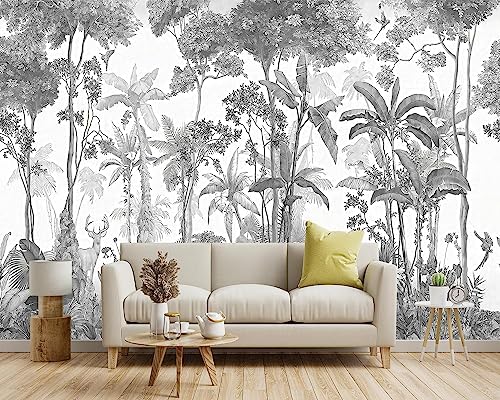-Grey Jungle Botanical Animal Banana Leaf Fabric Wallpaper Living Room Tropical - Image 2