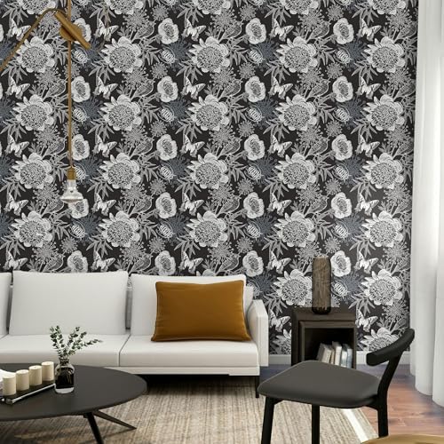 FLFK Peel and Stick Wallpaper Floral Birds Black Wallpaper 16" x 384" - Image 4
