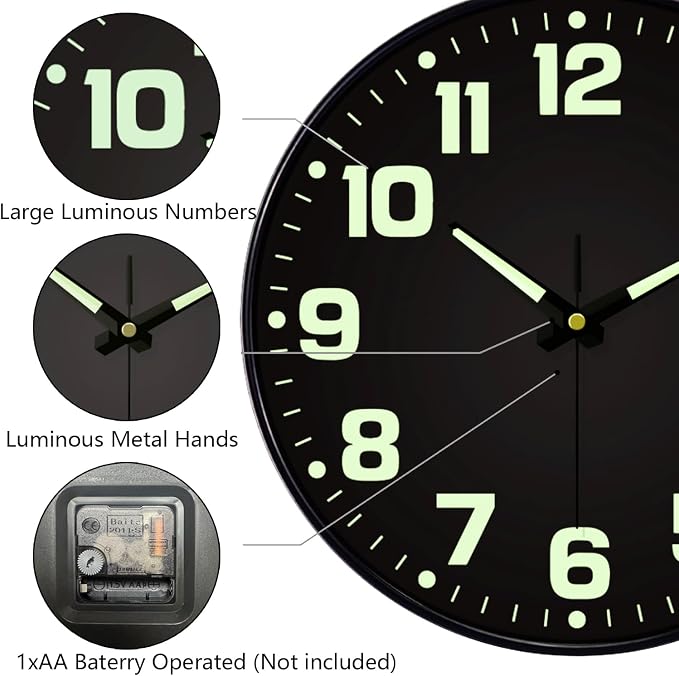 Glow in The Dark Wall Clock, Large Easy Read Numbers Tempered Glass Night Light - Image 8
