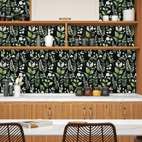Danodoi Black Green Vintage Leaf Peel and Stick Wallpaper 17.5" x 118" - Image 2
