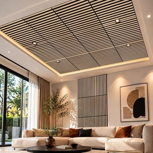 Art3d 6-Pack Acoustic Wood Slat Panel & Ceiling Tile, 2 x 2 ft, Natural Oak - Image 2