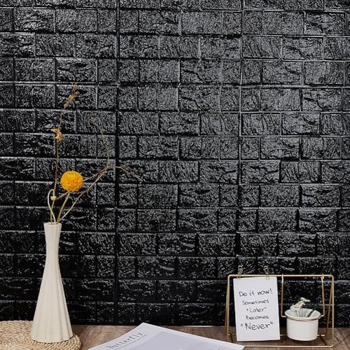 CRASPIRE 10Pcs 3D Faux Stone Peel and Stick Wall Black Tile Panels 11.8x11.8in - Image 3