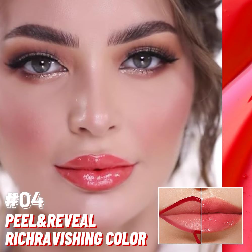 Vivid Burgundy Lip Stain Peel Off Lip liner and Lip oil with Tweezer, Dual-Ended Peel Off Lip Stain Tattoo, Highly Pigmented Long Lasting Waterproof, Transfer-proof for All Skin Types, 04#