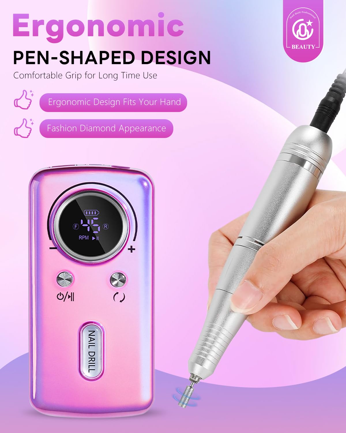 CozyZen Cordless Nail Drill Professional: 45000 RPM Rechargeable Electric Nail File Kit, Portable & Low Noise for Acrylic, Gel Nails, Manicure & Pedicure - Salon & Home Use