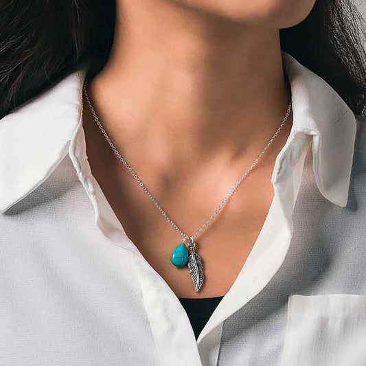 Boho Turquoise Necklaces Silver Feather Pendant Necklace Chain Short Delicate Dainty Necklaces Jewelry for Women