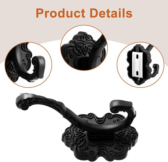 Zonon 4 Pcs Black Wall Hooks Set Vintage Coat & Towel Hooks - Image 3