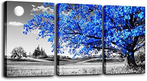 Wall Art For Living Room black and white Blue tree moon Canvas Wall Decor for by TTHYUEWS