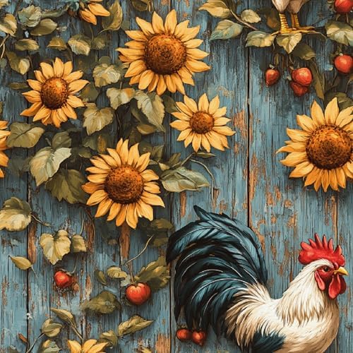 Removable Wallpaper Sunflowers Rooster Peel and Stick Mural Wood Vintage by Unknown
