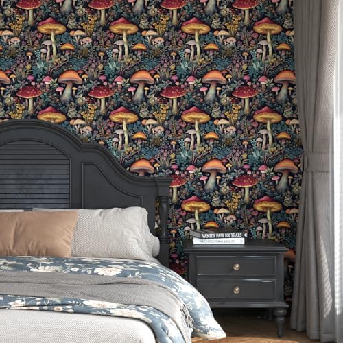 BOKEBEVE Mushoroom Wallpaper Peel and Stick Boho Black Red 17.5 x787In - Image 2