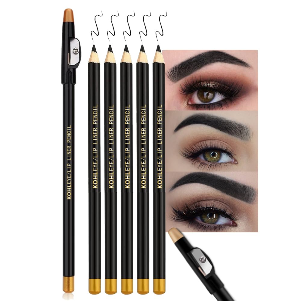5Pcs Wooden Hard-Core Eyebrow Pencils for Women, Black Eyebrow and Eyeliner Pencil, Long Lasting Waterproof and Sweat-Proof, Beginner Makeup Brow Pencil, Create a Natural Eye Brow Makeup