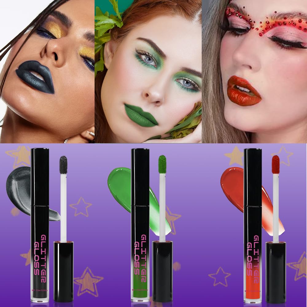 Gray Black Green Red Metallic Lipstick for Women,Glitter Sparkling Liquid Lipstick,Long Lasting Waterproof Lightweight Non-Drying Bold Dark Lip Gloss for Gothic Stage Makeup,Vegan
