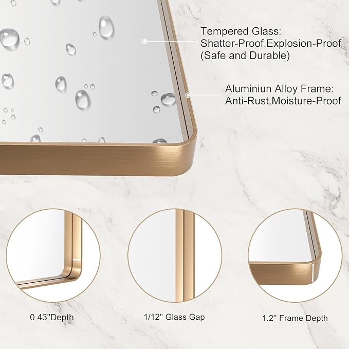 LOAAO 22”X30” Gold Bathroom Mirror, Rounded Rectangle Gold Frame Mirror - Image 5