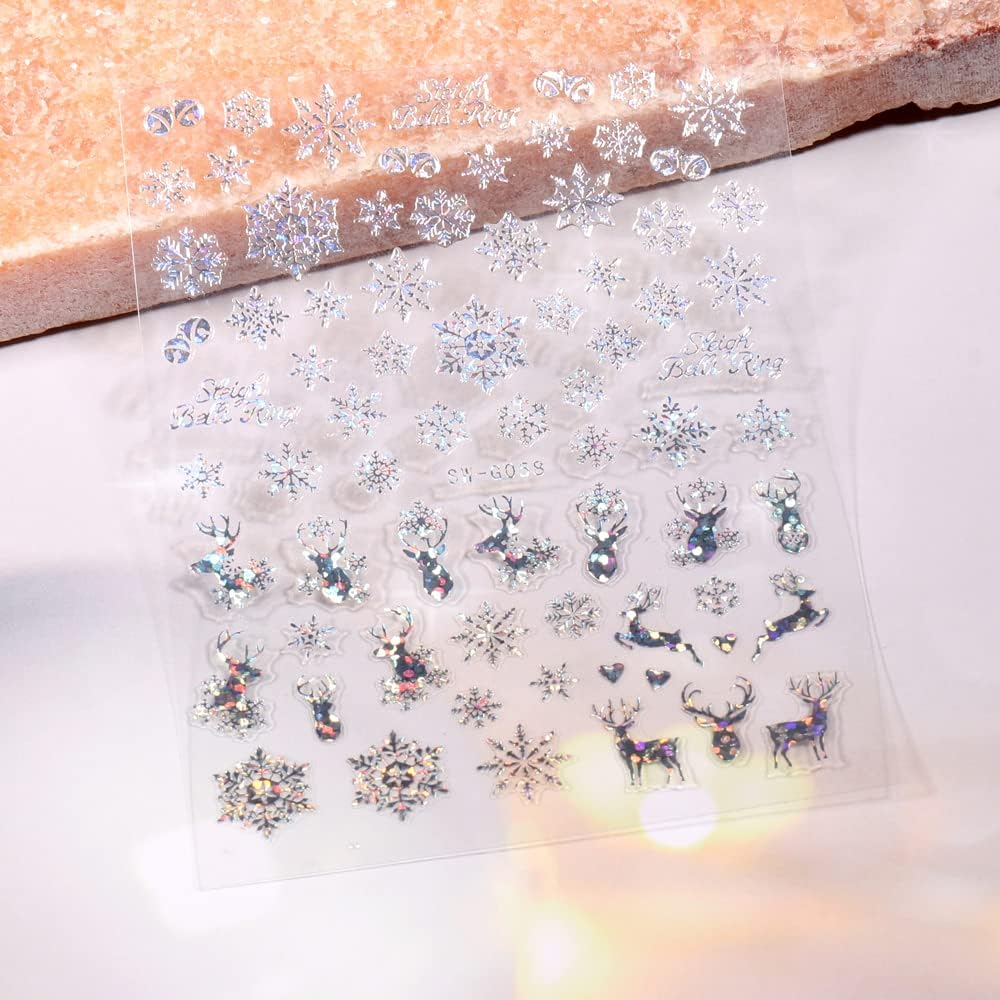 9 Sheets Merry Christmas Nail Art Stickers Decals Self-Adhesive Holiday Snowflakes Laser Silver Snowman Bell Nail Supplies Nail Art Design Decoration Accessories
