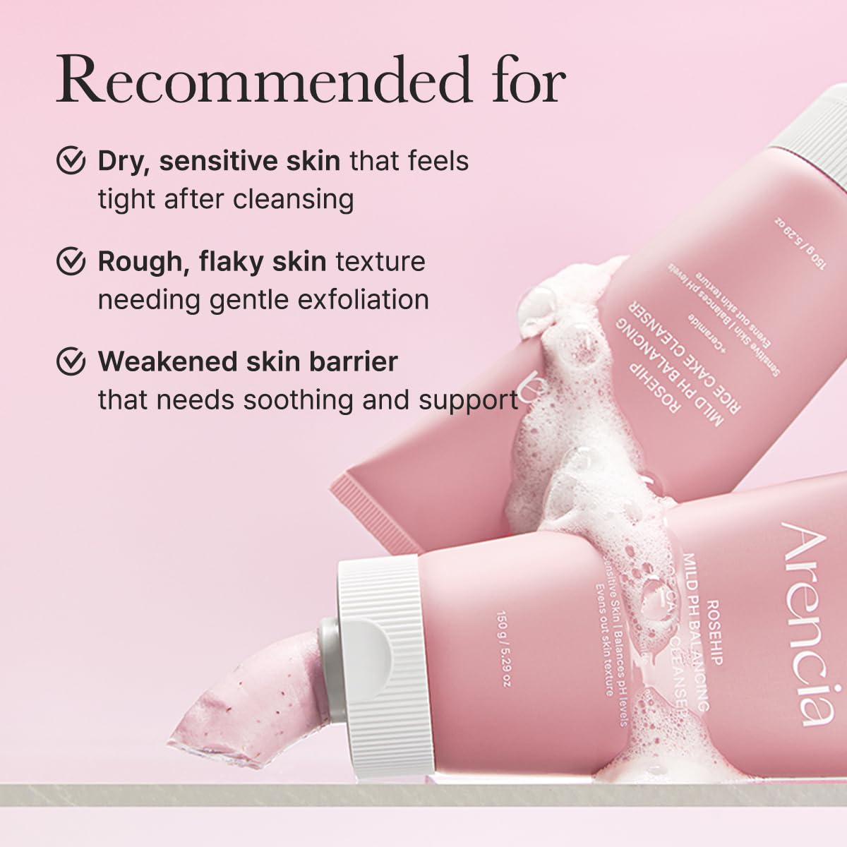 Rosehip Rice Cake Cleanser, pH Balancing Face Wash with Ceramide for Sensitive Skin, 5.29 oz