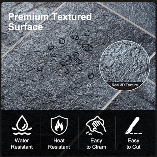 6" x 12" Midnight Black Slate Peel and Stick Backsplash Wall Tiles, PVC Faux - Image 5