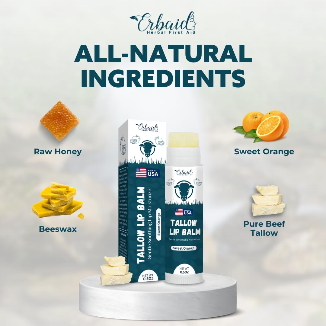 Beef Tallow Lip Balm – Natural Tallow Beeswax Chapstick – Hydrating Moisturizer Grass Fed Tallow Balm Lip Care – Soothes Chapped, Dry Lips, Sensitive Skin – Long Lasting Vitamin Rich USA-Made Orange