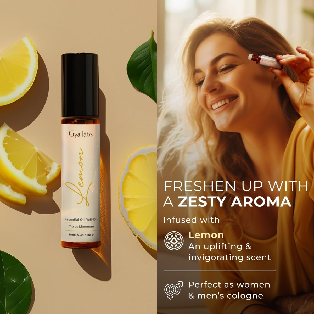 Gya Labs Lemon Essential Oil Roll on for Skin - Refreshing Lemon Perfume Oil for Women & Men, 100% Pure Natural, Aromatherapy, Travel Size (0.34 Fl Oz)