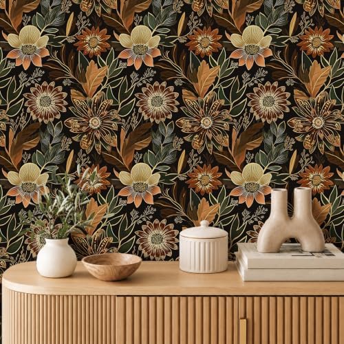 Laatse Boho Dark Black Gold Floral Wallpaper Peel and Stick 17.5"x118" - Image 2