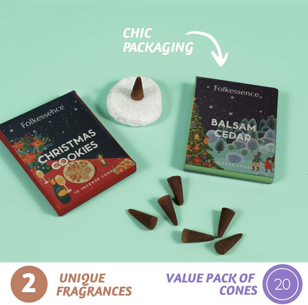 Folkulture Backflow Incense Cones | 20 Pc Incense Cone Scented | 2 Fragrance Cone-Insenses - Christmas Cookie & Balsam Cedar | Natural, Non Toxic | Christmas Inscents-Cones | Relaxing, Meditation