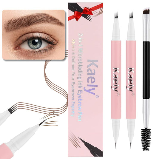 evpct 2Pcs Midium Brown Magic Microblading Dual-Ended Eyebrow Contouring Pen Brow Pencil, with 4 Brush Micro-Fork-Tips Applicator and Precise Brush-Tip Hair Like Stroke, Dual-ended Eyebrow Brush