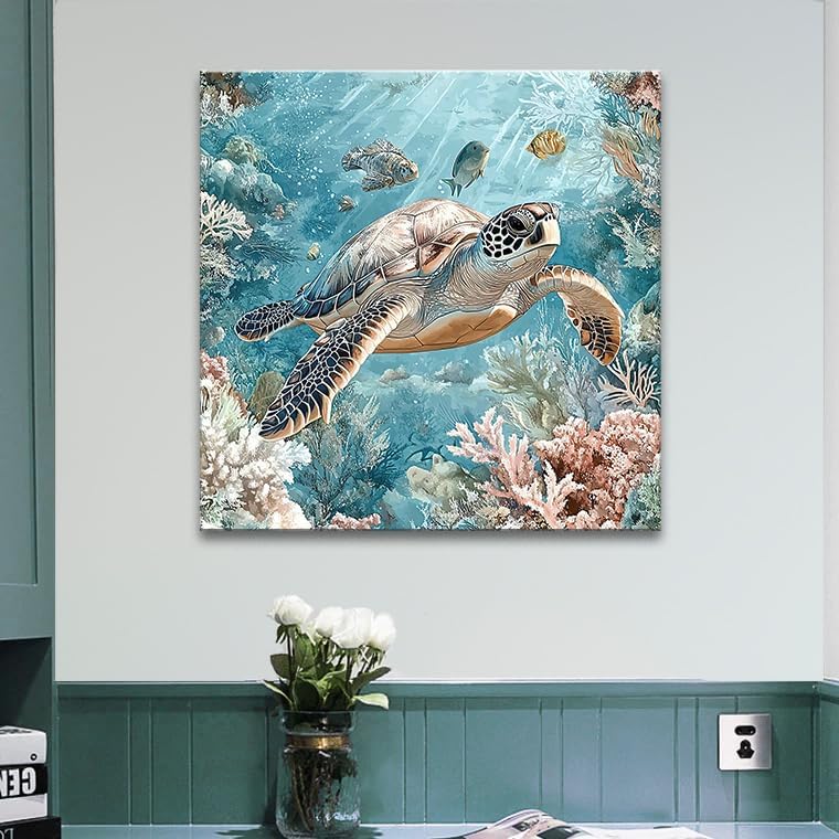Sea Turtle Bathroom Wall Decor Ocean Theme Framed Canvas Wall Art Coastal - Image 5