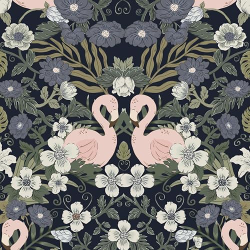 Heroad Vintage Peel and Stick Wallpaper Floral Flamingo Contact Paper Dark Blue by HeroadBrand