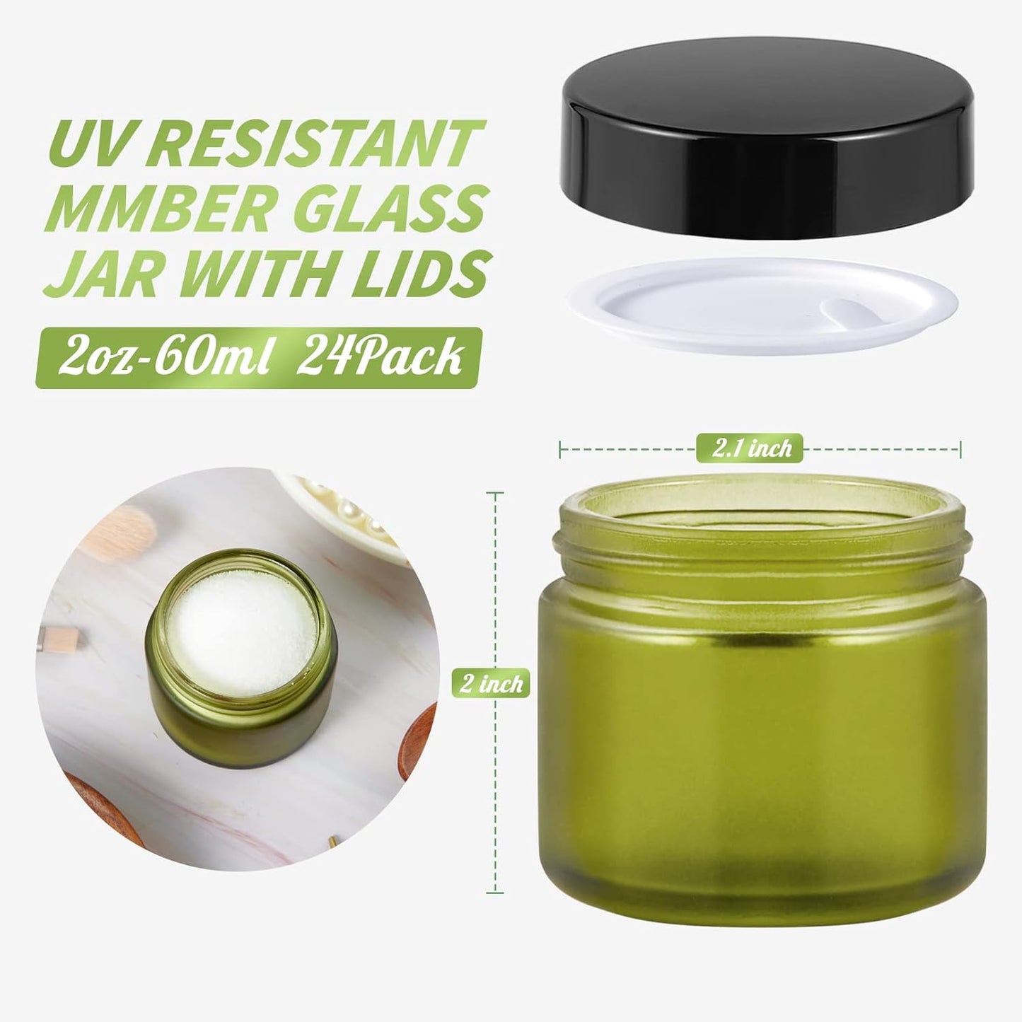 2oz Jars with Lids, HOA Kinh 24 Pack Green Frosted Glass Jars with Lids Empty Cosmetic Containers Round Airtight Glass Jar with Black Lids for Storing Lotions Powders Ointments