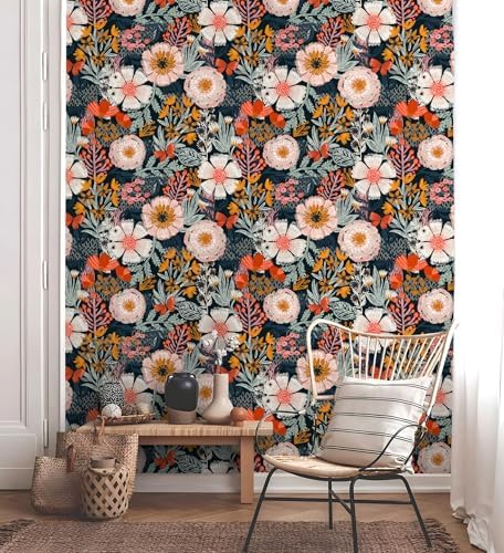 HAOKHOME Navy Floral Peel and Stick Wallpaper Boho Mural 17.3in x 32.8ft - Image 2