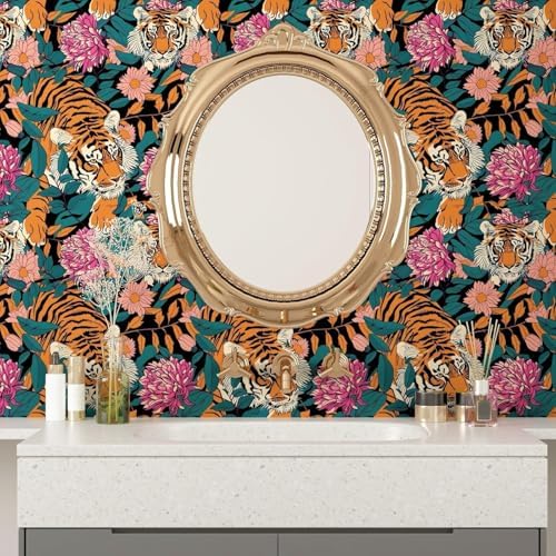 BOKEBEVE Tiger Floral Wallpaper Peel and Stick Vintage Orange 17.5 x 78.5In - Image 6