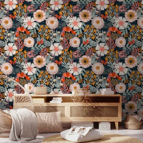 HAOKHOME Navy Pink Floral Peel and Stick Wallpaper Boho Contact Paper Decor - Image 6