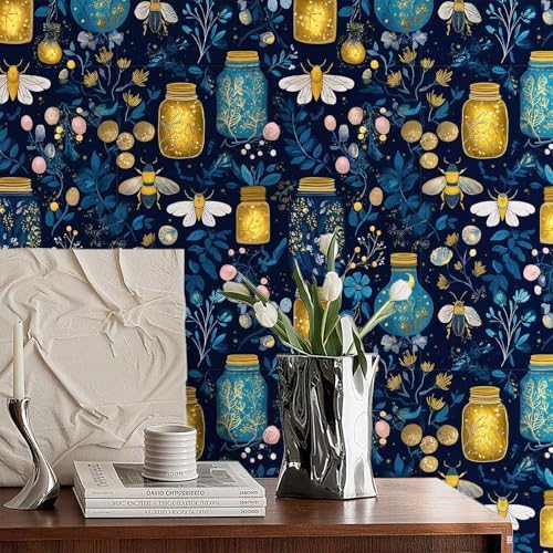 Enchanted Firefly Jar Peel and Stick Wallpaper, Night Botanical Wallpaper - Image 2