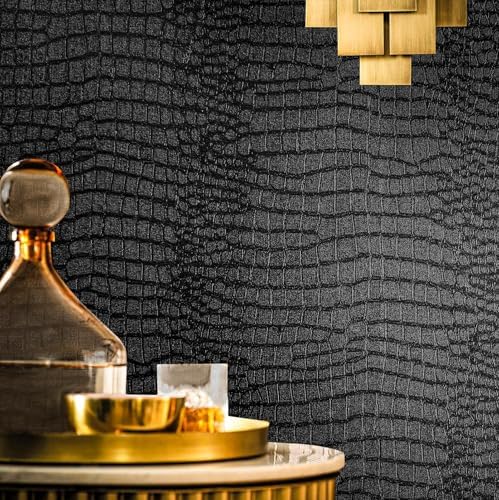 Fititem 11.8”×118” Black Peel and Stick Wallpaper Crocodile Texture Modern by Fititem__FitYourHome