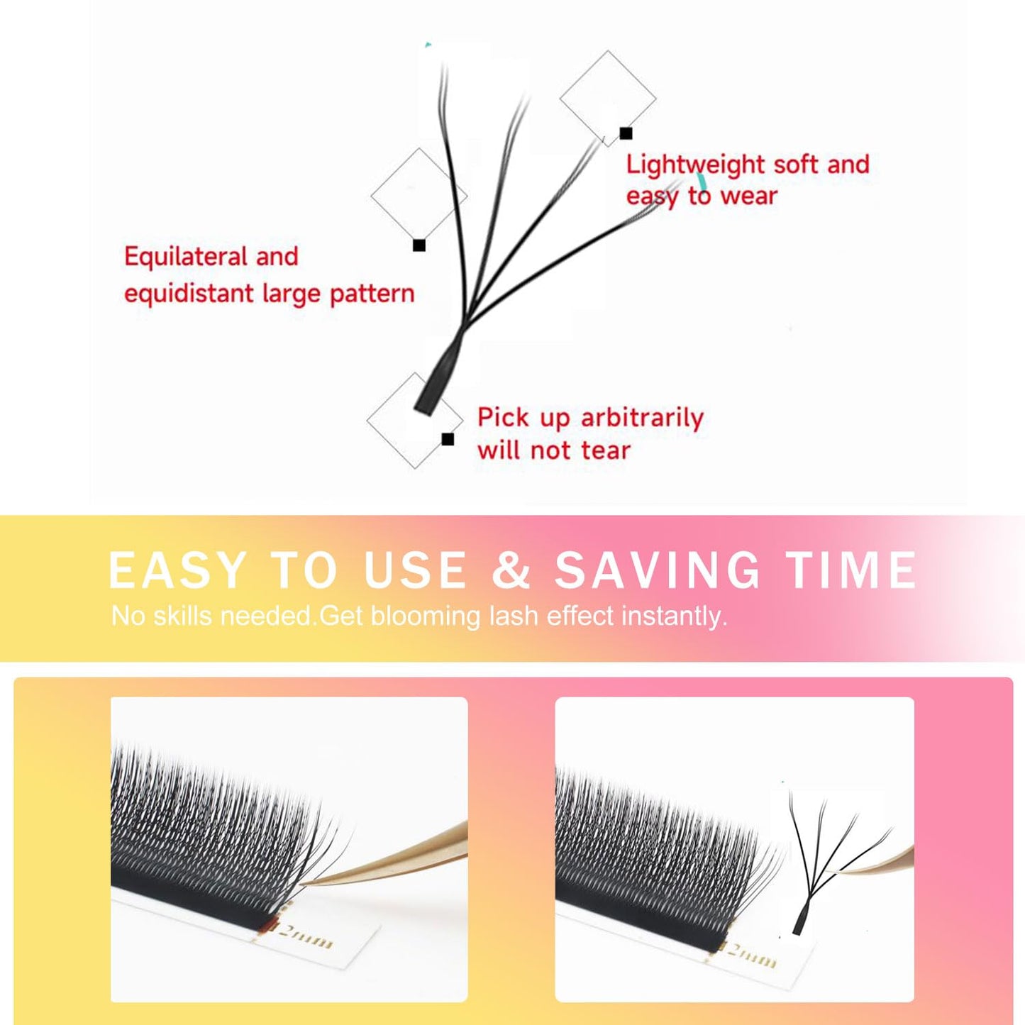 Lash Extensions Double Tips 4D Eyelash Extensions W Shape 0.07mm Thickness D Curl Mix 8-15mm Premade Fans Easy Fan Volume Lashes Matte Black Crisscross(W-4D-Double Tips-0.07-D,8-15mm Mix)
