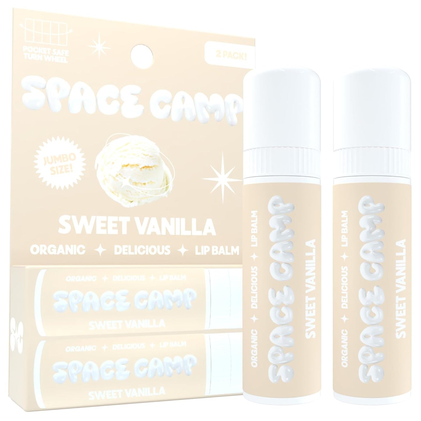 Space Camp Wellness Jumbo Lip Balm - Sweet Vanilla Organic Flavored Balm (2 Pack)