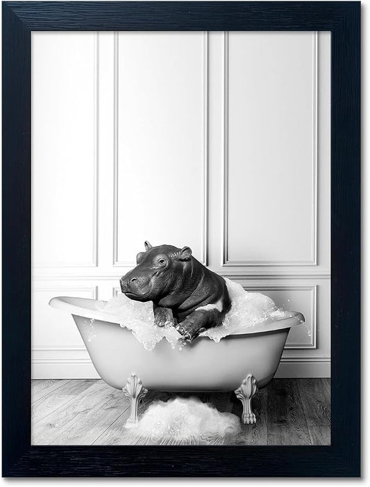Black and White Bathroom Decor Funny Hippo in Bathtub Wall Art Framed Humor by Melpa+Art