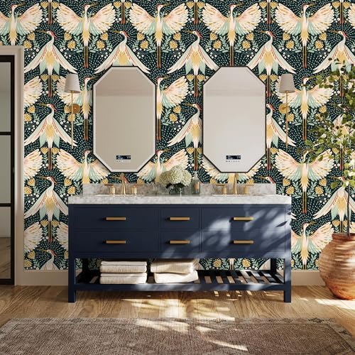 HAOKHOME Crane Bird Wallpaper Peel and Stick Navy Boho Chinoiserie Japanese - Image 3