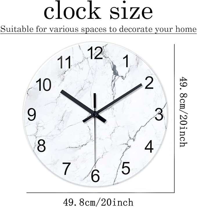 White Marble Glass Wall Clocks Battery Operated 20 Inch Large Abstract - Image 3