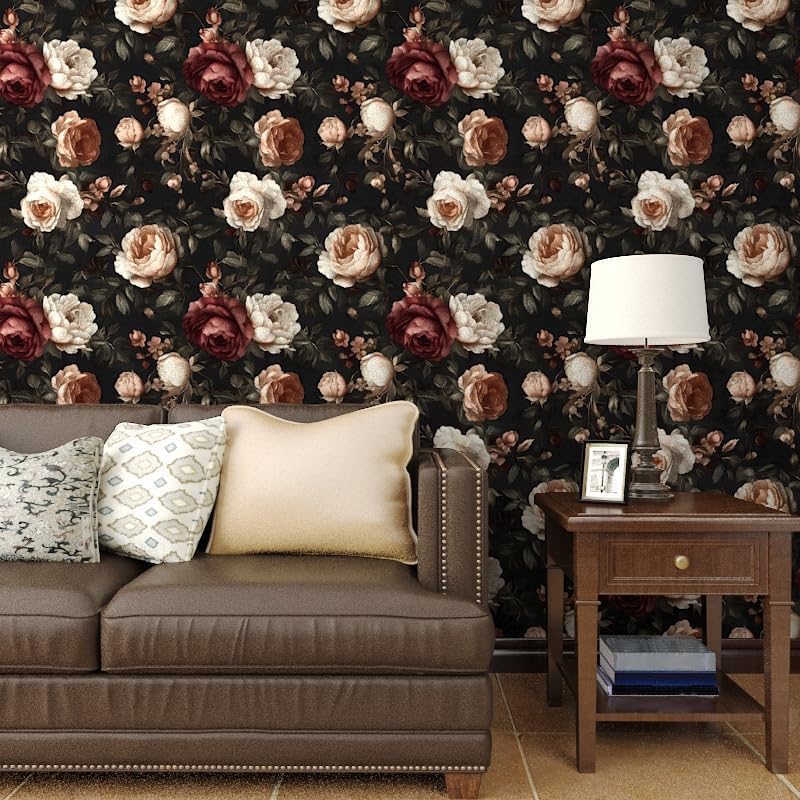 Laatse Vintage Black Red Rose Floral Wallpaper Peel and Stick 17.5"x393" - Image 2
