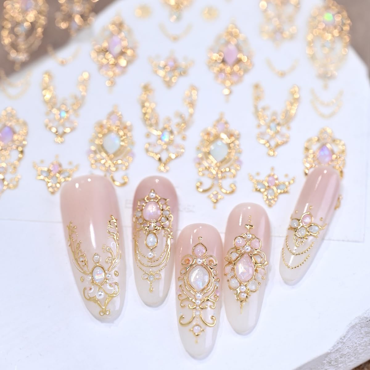 Gold Nail Stickers for Nail Art Gemstone Nail Decals with Golden Filigree Design,Luxury Baroque-Style Stickers for Nails 3D Self Adhesive Nail Art Supplies & Decorations for Women Girls 1 Sheet