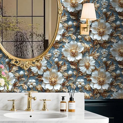 Livelynine Blue White Gold Wallpaper Peel and Stick Faux 3D Wallpaper Panels - Image 2