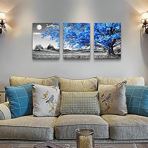 Wall Art For Living Room black and white Blue tree moon Canvas Wall Decor for - Image 2