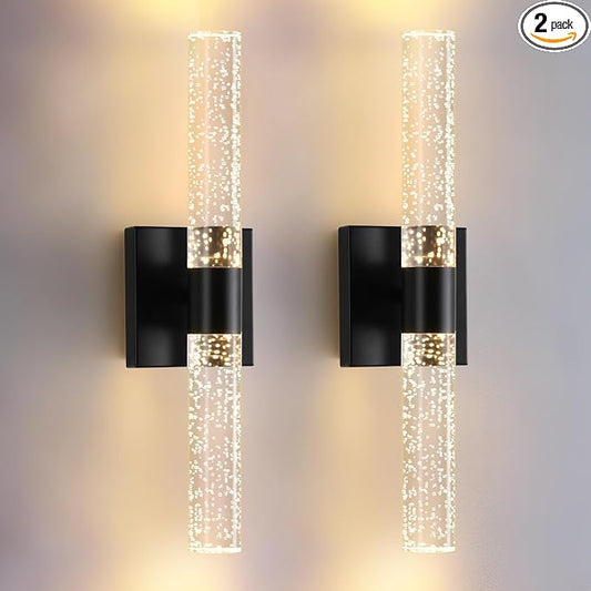 Black Modern LED Wall Sconces Set of Two 3000K-6000K Crystal Bathroom Sconce by LECLLITEN