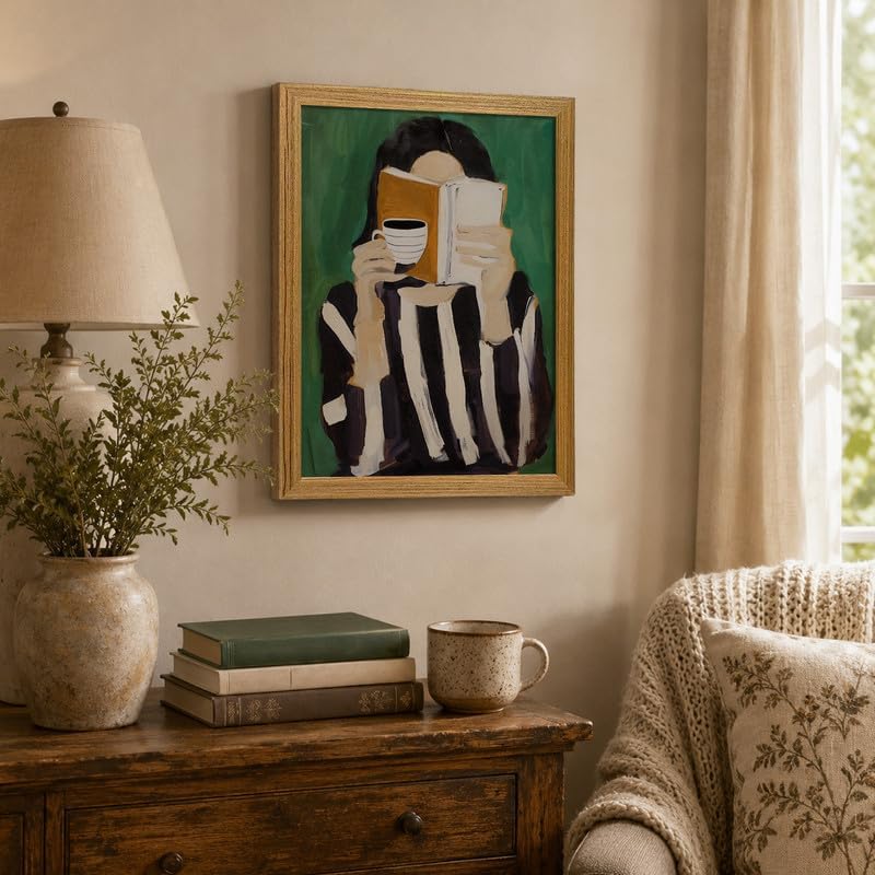 Framed Coffee Pictures Wall Art Woman Reading Book Wall Decor 12x16in - Image 2
