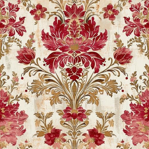 18"x236" Classical Beige Red Damask Flower Retro Peel and Stick Self Adhesive by VistaPalette